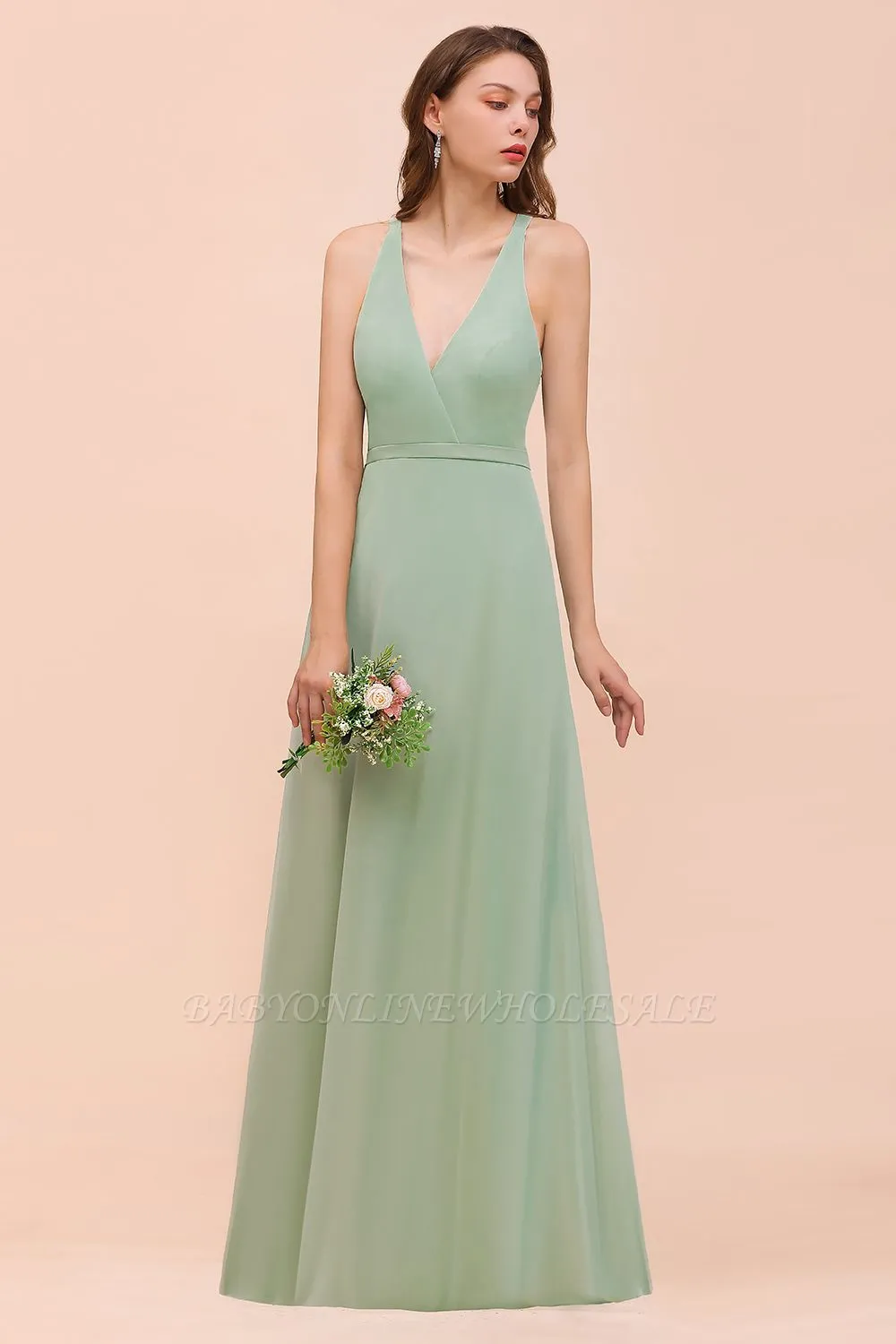 Mint Green V-Neck Sleeveless Bridesmaid Dress Aline Formal Dress - Image 4
