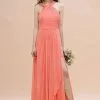 Cross Neck Chiffon Long Bridesmaid Dress Coral Beach Wedding Guest Dress