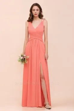 Charming V-Neck Beach Bridesmaid Dress Aline Chiffon Wedding Guest Dress With Side Slit