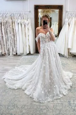 Charming Floor Length Sweetheart Off-The-Shoulder Sleeveless A Line Lace Wedding Dress With Court Train