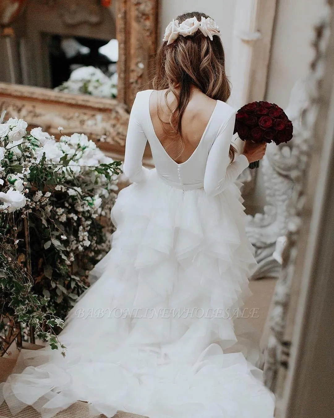 Long Sleeves Low Back White Ruffles Wedding Dress With Court Train - Image 3