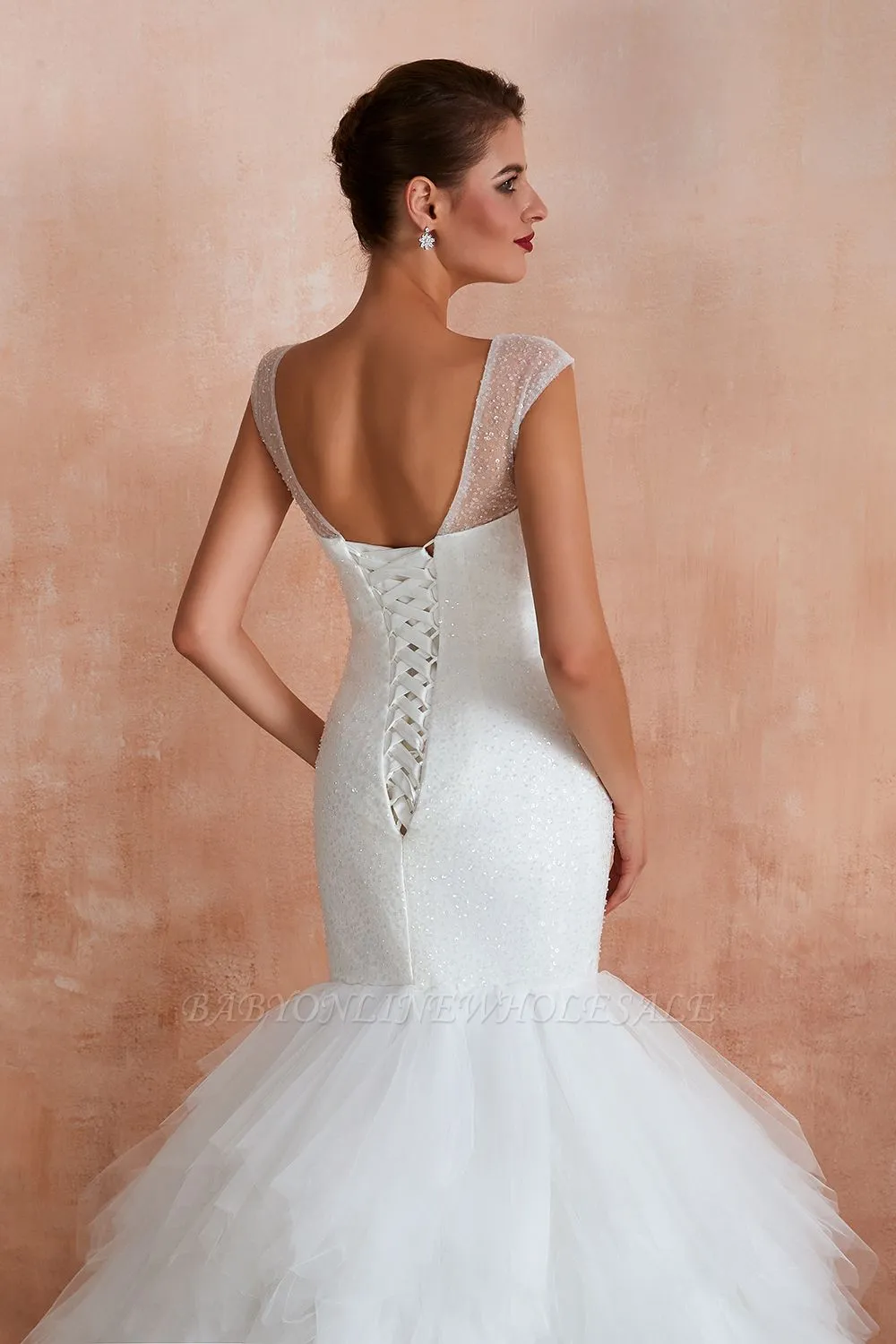 Catherine | Luxury V-neck Cap Sleeve Beach Low Back Lace Up White Close Fitting Bridal Gowns With Sequins - Image 5