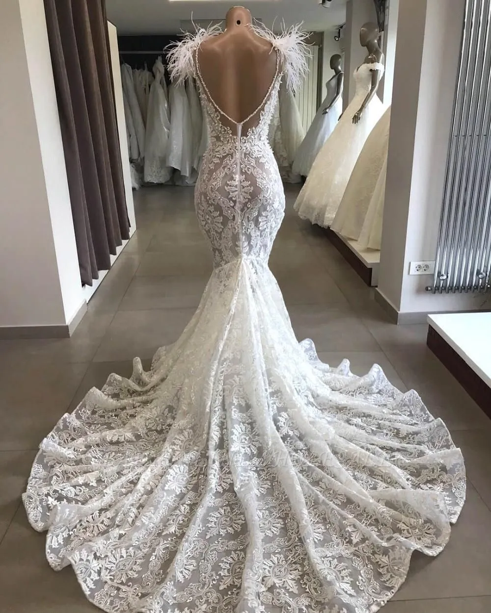 Luxury White Hollow Sweetheart Open Back Lace Long Wedding Dress With Fur Neckline - Image 2