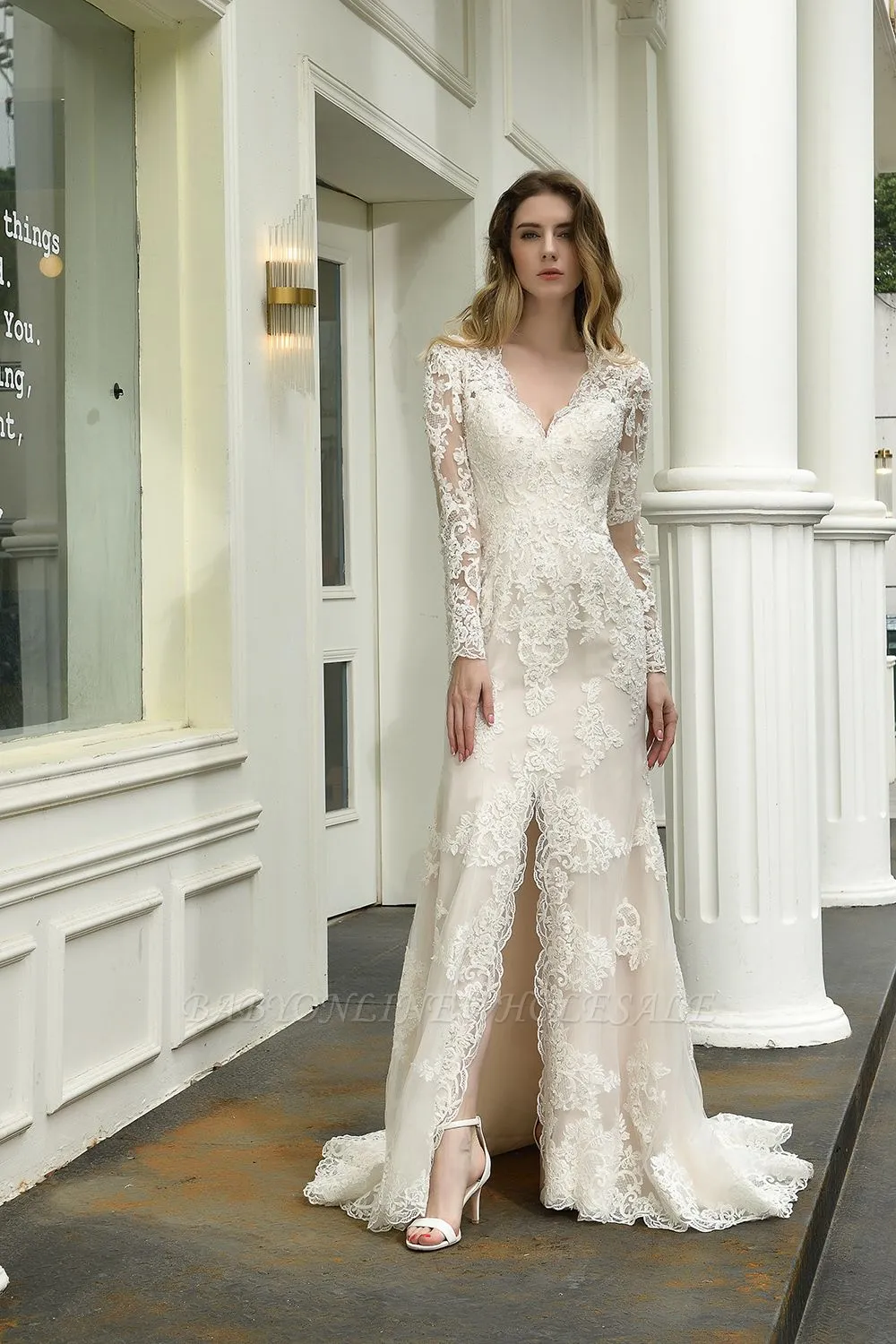 Delicate V-Neck High Split Long Sleeves Lace Wedding Dress With Court Train - Image 5