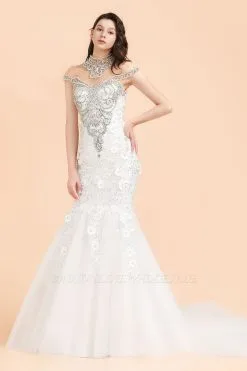 Sparkle High Neck Mermaid Silver Beaded White Wedding Dress