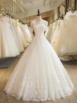 Floor-Length Applique Ball Gown Off-the-Shoulder Lace Tulle 1/2 Sleeves Wedding Dresses