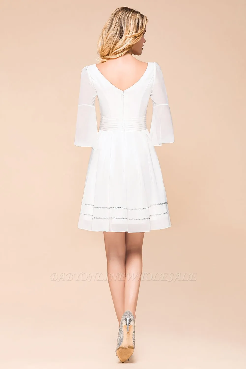 White Ruffle Sleeves Knee Length Bridesmaid Dress V-Neck Wedding Dress - Image 2