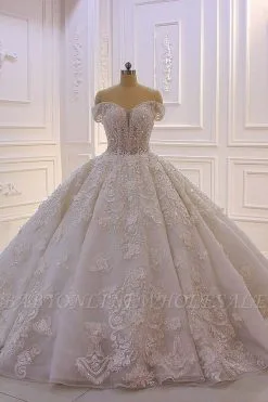 Off Shoulder 3D Floral Appliques Ball Gown With Cathedral Gown
