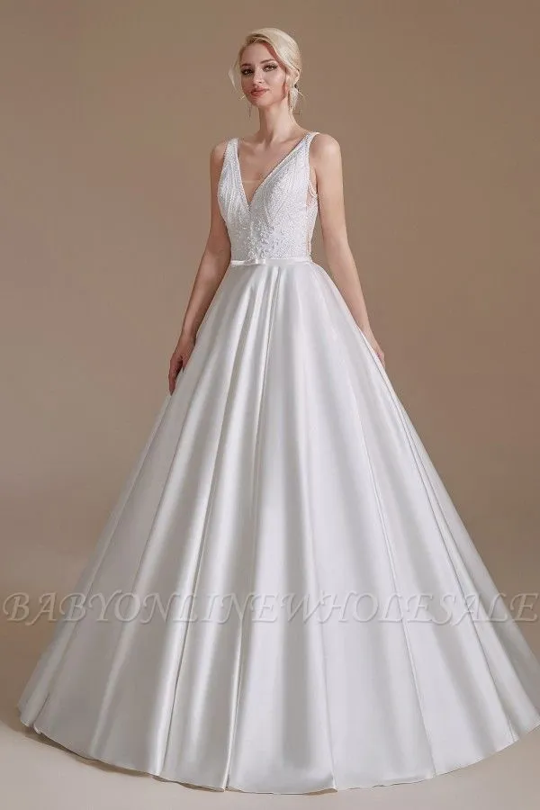 Aline Wedding Dress Sleeveless V-Neck Satin Bridal Dress With Floral Lace Pattern - Image 4
