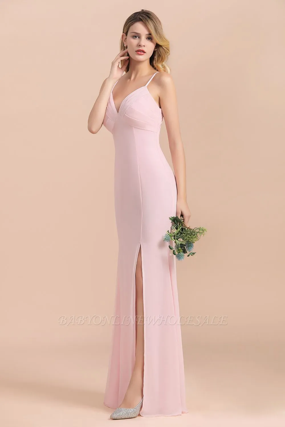 Pink V-Neck Sleeveless Mermaid Bridesmaid Dress Wedding Wear Dress With Side Slit - Image 3