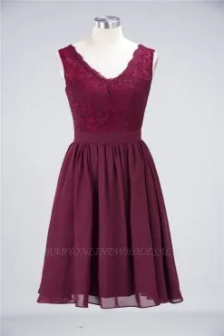 Chiffon A-Line Lace V-Neck Sleeveless Short Bridesmaid Dress With Ruffles