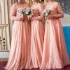 Long Sleeves Lace Appliqued Floor Length Bridesmaid Dresses | Affordable Coral Long Wedding Party Dresses