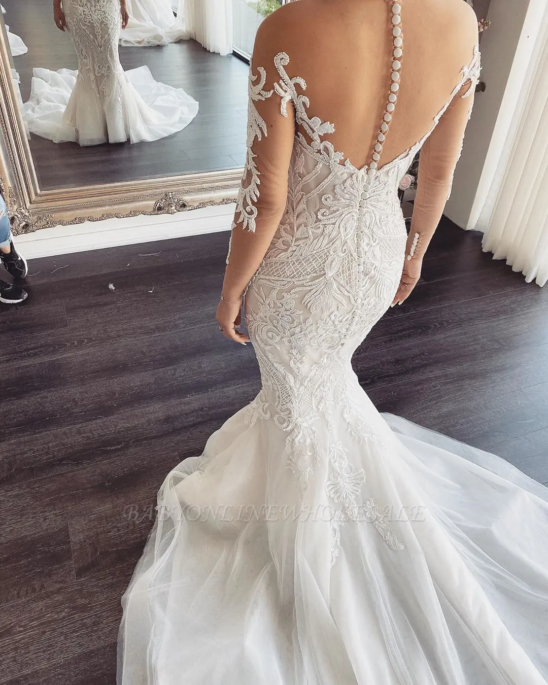 Long Sleeves V-neck Lace Mermaid White Wedding Dresses Online - Image 2
