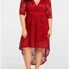 Women Plus Size Lace Dress Cross Front High-Low Hem Party Midi Dresses