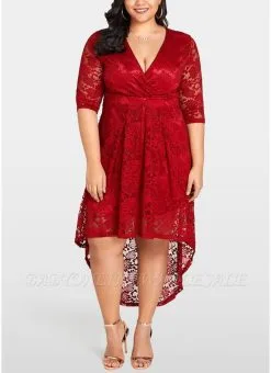 Women Plus Size Lace Dress Cross Front High-Low Hem Party Midi Dresses