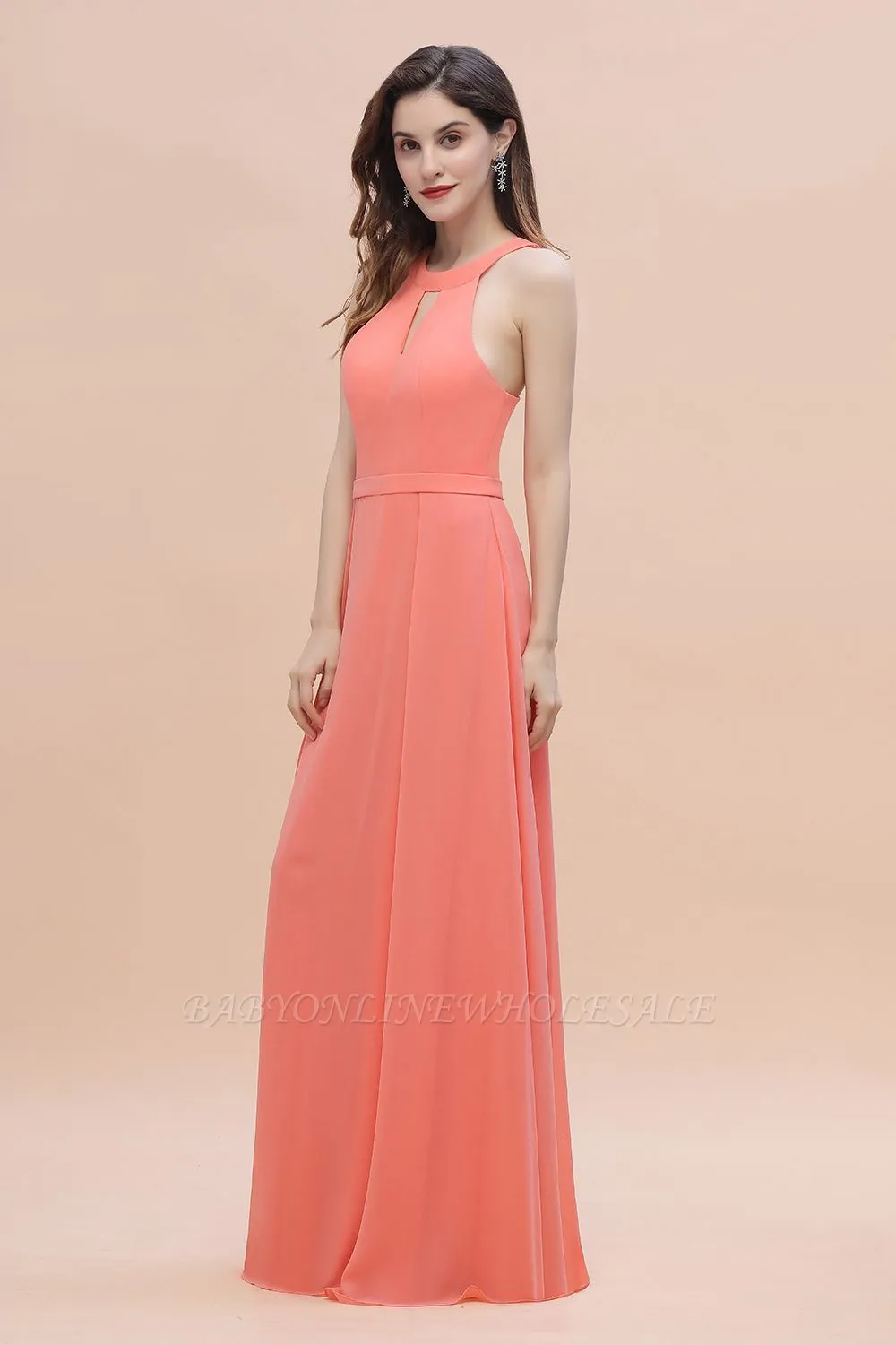 Halter Chiffon Floor Length Wedding Guest Dress Aline Bridesmaid Dress - Image 4