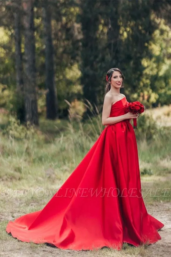 Elegant Ruby Floor Length Sweetheart Sleeveless A Line One Shoulder Satin Wedding Dress With Ruffles - Image 4