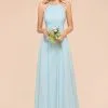 Halter Ruffle Chiffon Long Bridesmaid Dress Sleeveless Formal Dress