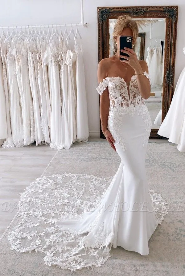 Elegant Floor Length Sweetheart Sleeveless Off-The-Shoulder Mermaid Lace Wedding Dress With Chapel Train