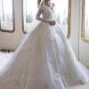 Luxury Off Shoulder Long Sleeves White Lace Ball Gown With Cathedral Train