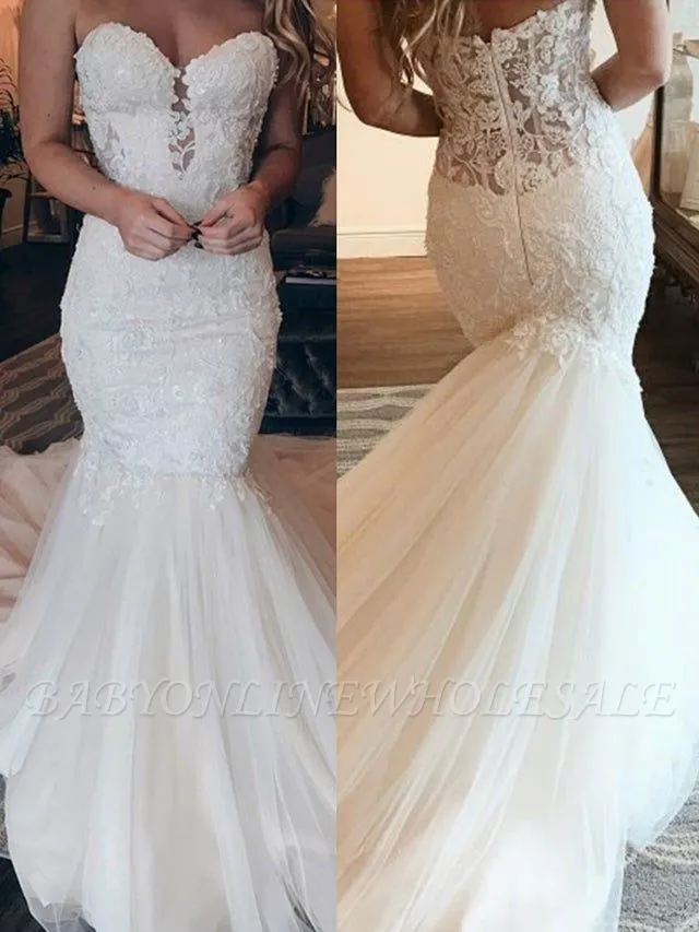 Affordable Strapless Tulle Lace Wedding Dress | Chic Mermaid Sleeveless Long Dress For Wedding - Image 2