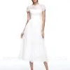 A-Line Wedding Dresses Jewel Neck Tea Length Lace Short Sleeve Simple Casual Illusion Backless