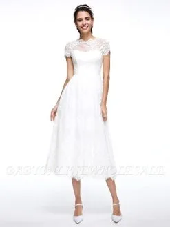 A-Line Wedding Dresses Jewel Neck Tea Length Lace Short Sleeve Simple Casual Illusion Backless