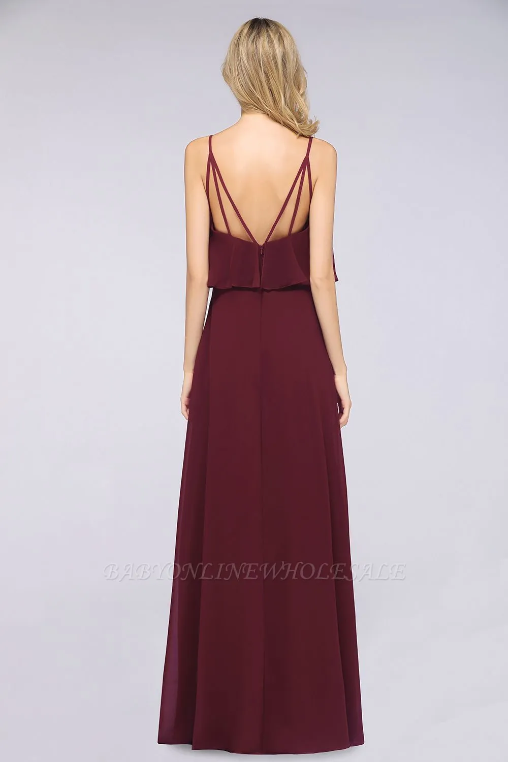 Sexy Chiffon Spaghetti-Straps V-Neck Floor-Length A-line Bridesmaid Dress - Image 2
