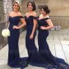 Elegant Blue Off The Shoulder Lace Wedding Party Dress Mermaid Sweep Train Bridesmaid Dresses