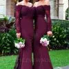 Elegant Off-the-shoulder Mermaid Lace-Appliques Beads Long-Sleeve Bridesmaid Dress