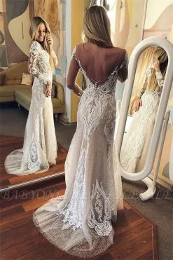 Sexy Tulle Lace Long-Sleeves Open Back Wedding Dresses