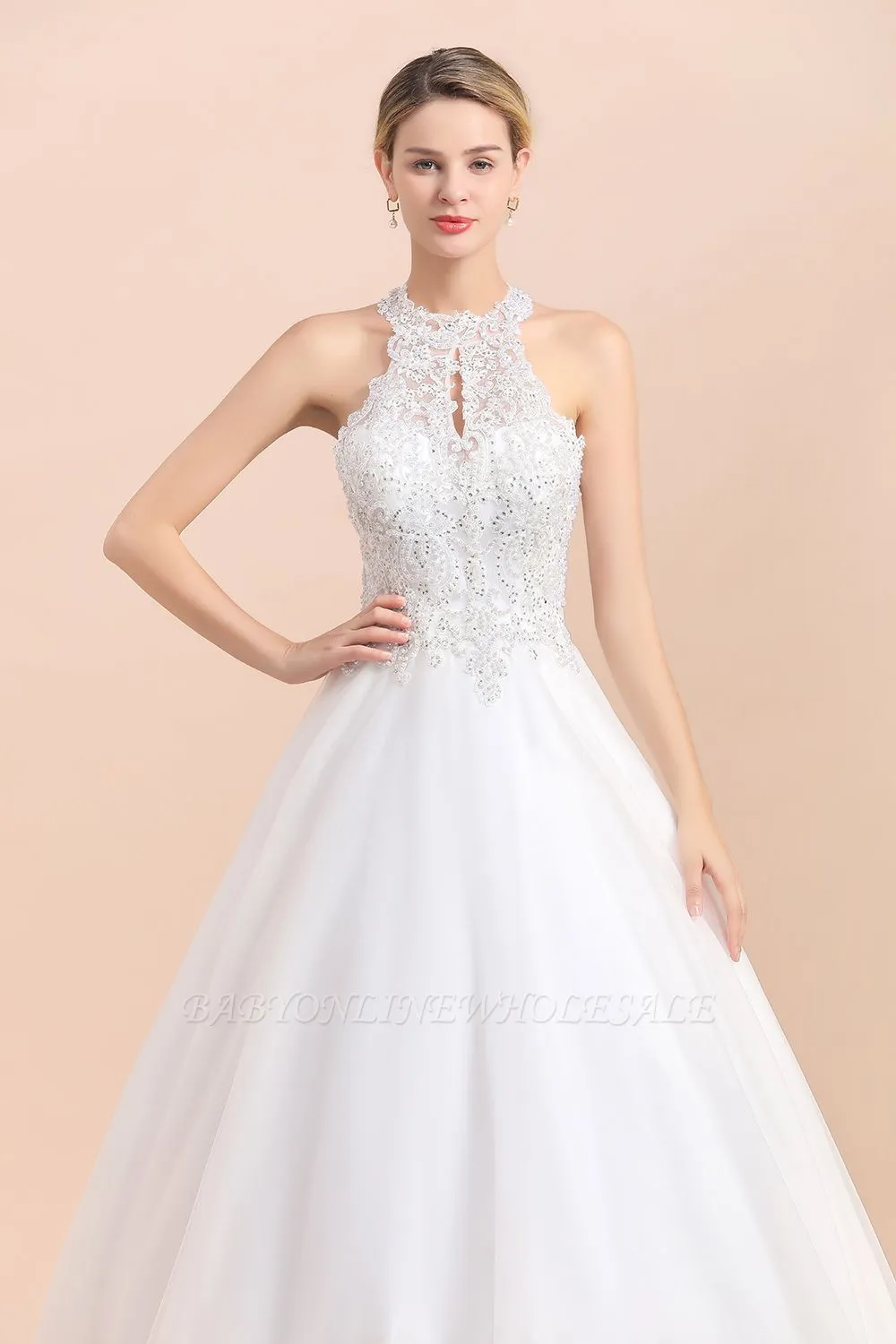 Elegant White Beaded Halter Ball Gown Lace Wedding Dress - Image 5