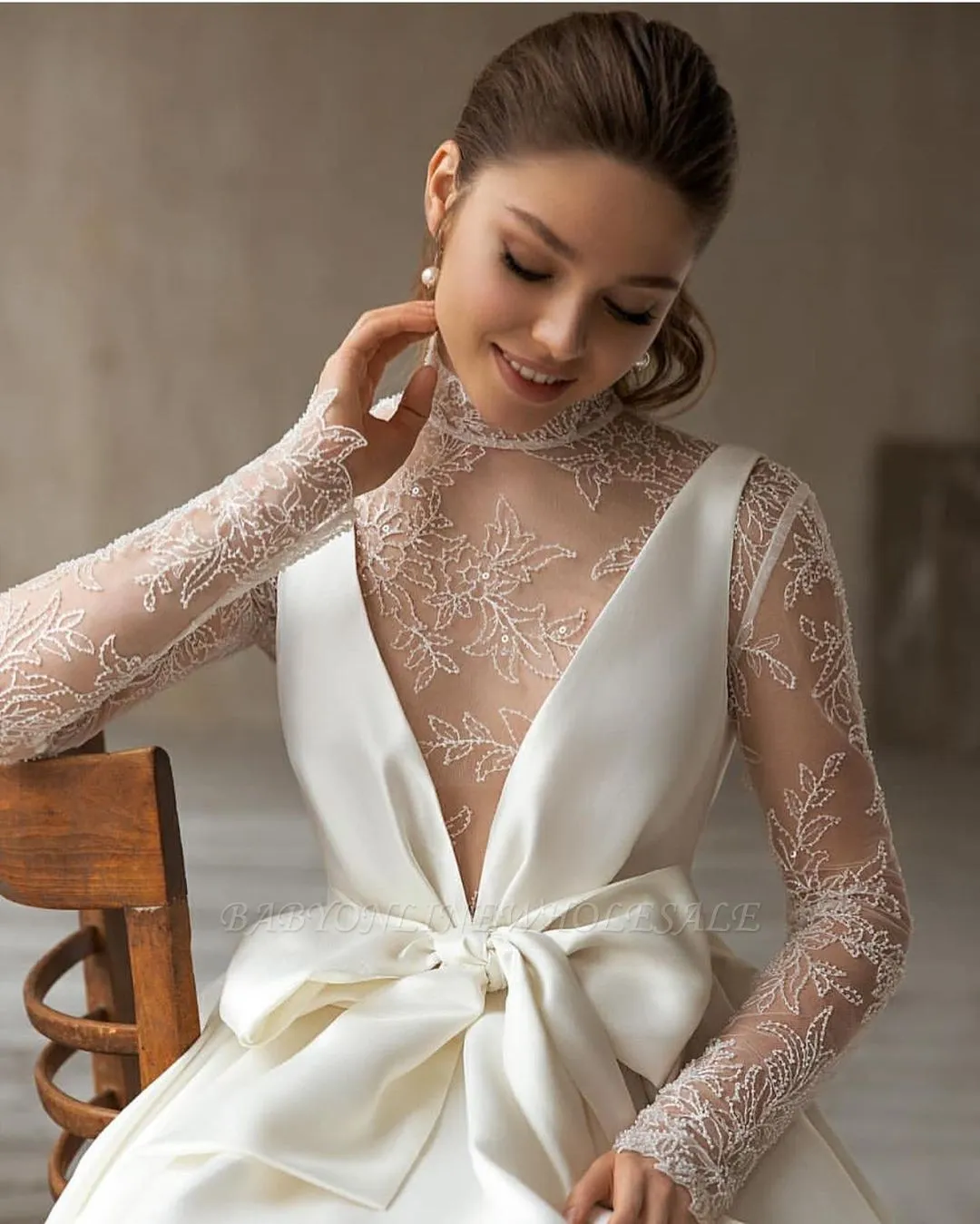 Elegant Deep V-Neck Satin Wedding Dress With Sweep Train Long Sleeves BowTie Aline Bridal Dress - Image 3