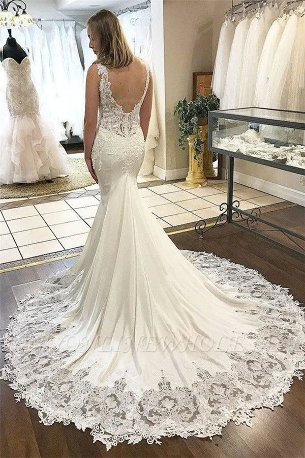 Elegant V-Neck Appliques Wedding Dresses | Sleeveless Backless Mermaid Floral Bridal Gowns - Image 2