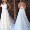 A-Line Applique Court Train Sleeveless Tulle Scoop Wedding Dresses