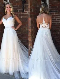 A-Line Applique Court Train Sleeveless Tulle Scoop Wedding Dresses