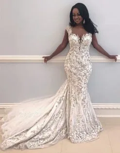 Chaeming Cap Sleeve Mermaid Wedding Gowns|2021 Lace Appliques Slim Bridal Gowns