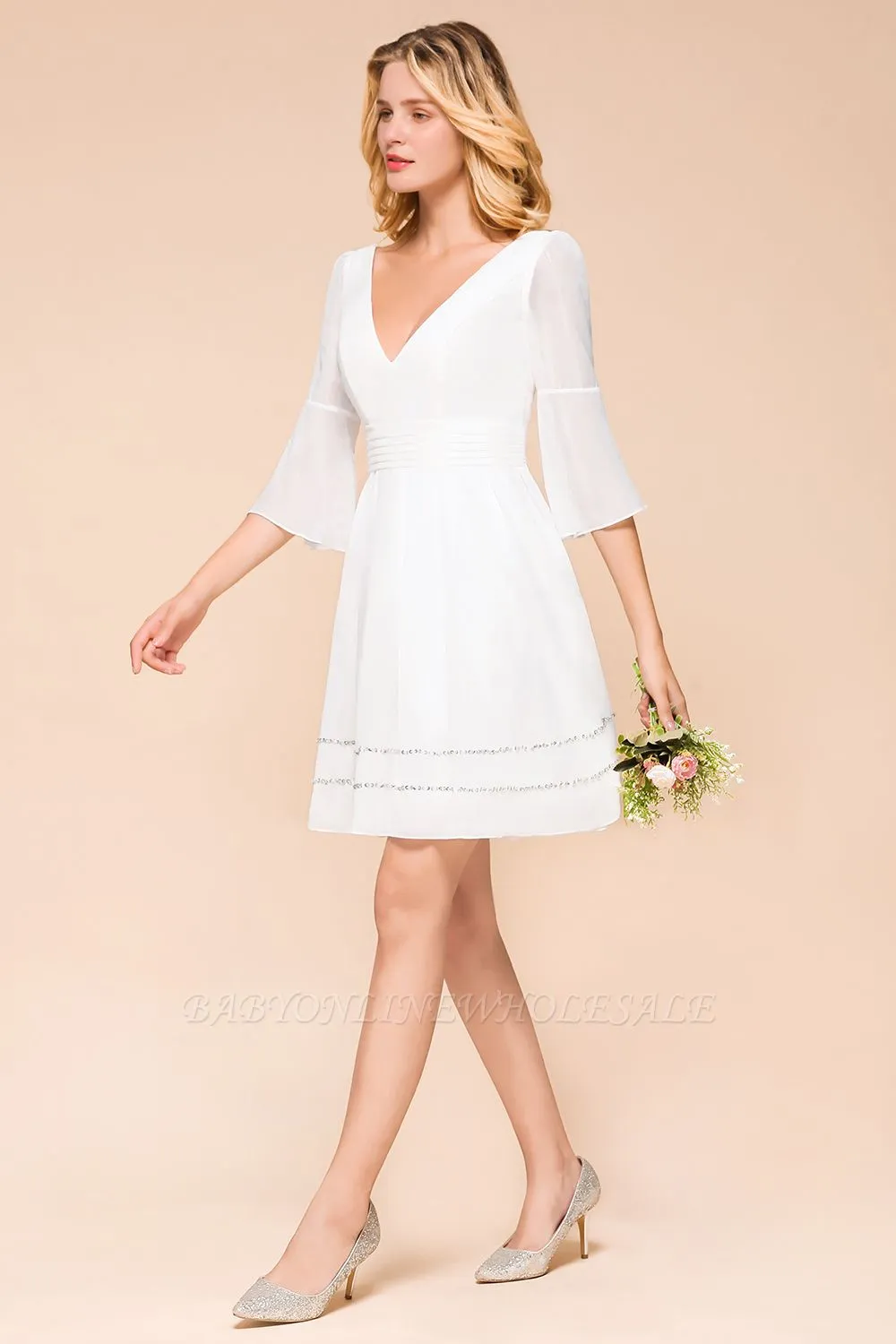 White Ruffle Sleeves Knee Length Bridesmaid Dress V-Neck Wedding Dress - Image 4