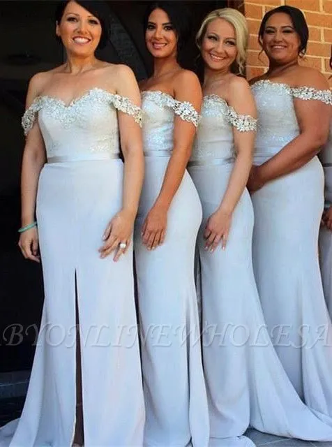 Elegant Off-the-Shoulder Mermaid Bridesmaid Dress Front Split Lace