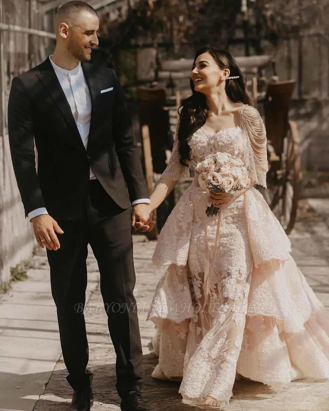 Stylish Long Sleeves Mermaid Wedding Reception With Layers Of Detachable Train - Image 5