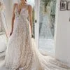 Champagne A-line Floor Length Straps V-neck Wedding Dress