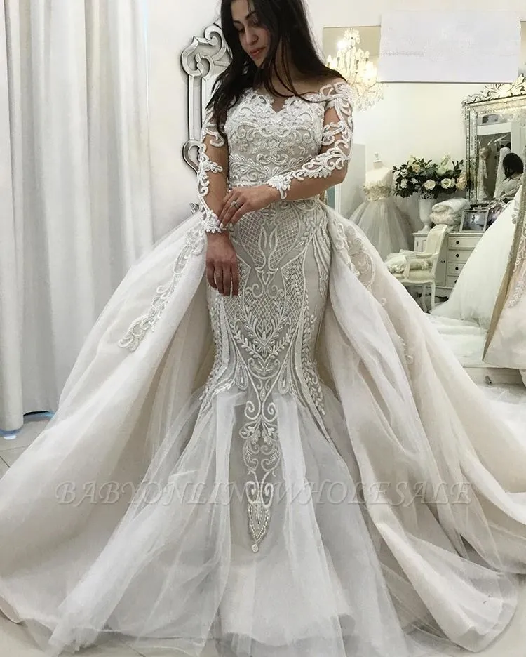 Gorgeous Long Sleeve Lace Mermaid Bridal Gowns Detachable Train |2021 Ruffles Wedding Gowns