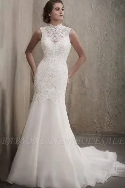 Sleveless White Floral Lace Appliques Slim Wedding Dress