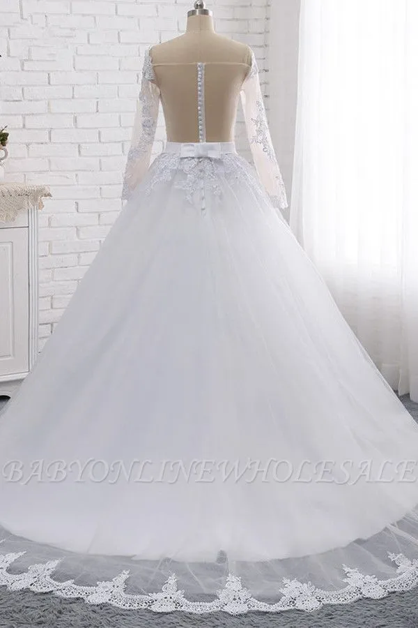Beautiful Bateau Beading Floor Length Long Sleeves A-Line Tulle Lace Wedding Dress With Appliques - Image 2