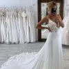 Sexy Floor Length Sweetheart Sleeveless Spaghetti Straps A Line Lace Wedding Dress With Chapel Train