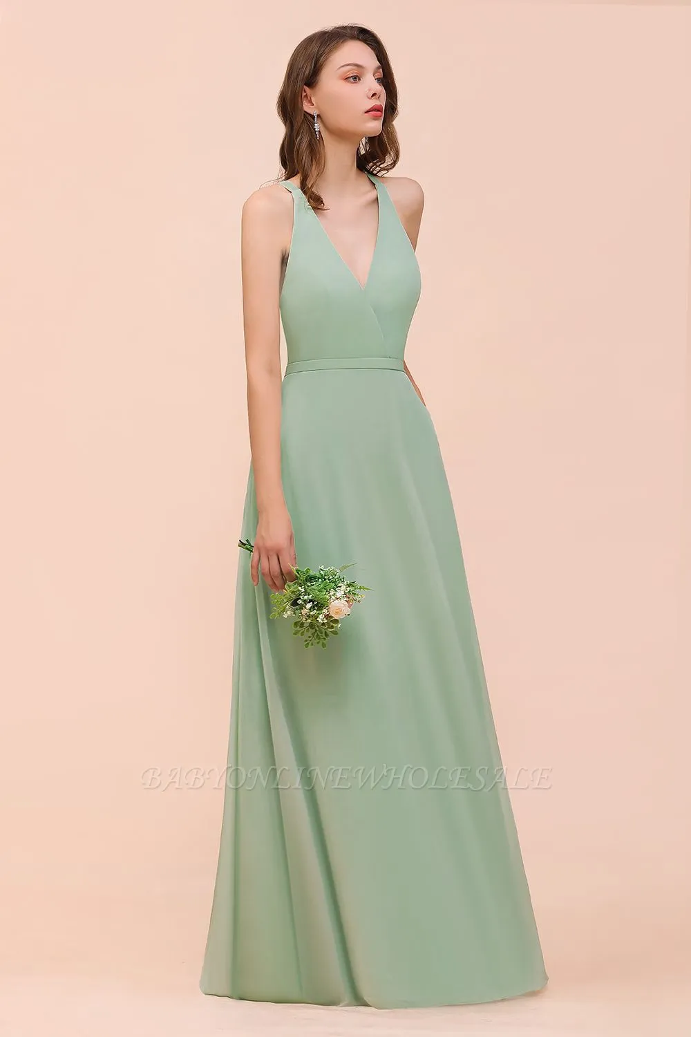 Mint Green V-Neck Sleeveless Bridesmaid Dress Aline Formal Dress - Image 5