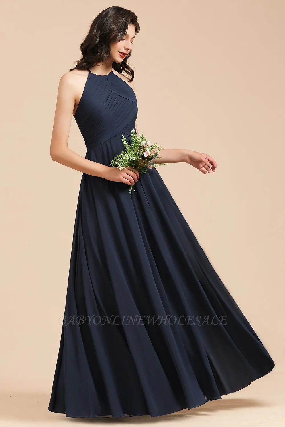 Halter Chiffon Long Evening Maxi Dress Sleeveless Pleated Wedding Guest Dress - Image 3