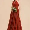 Halter Aline Bridesmaid Dress Sleeveless Floor Length Wedding Party Dress