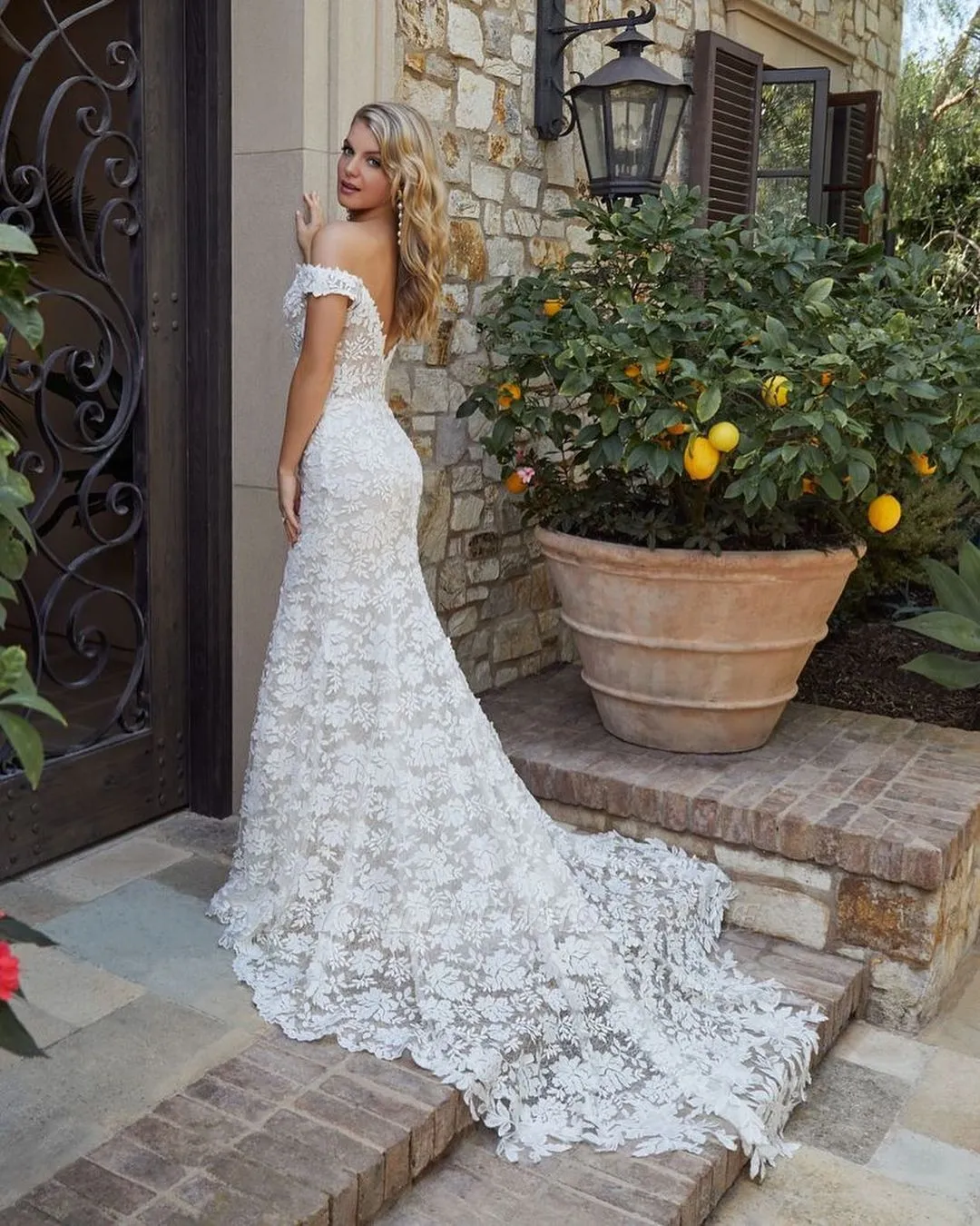 Charming Off Shoulder Floral Lace Mermaid Wedding Dress - Image 2