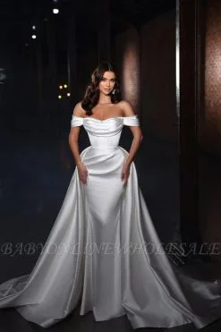 Fabulous Off The Shoulder Strapless A-Line Sleeveless Chapel Train Satin Wedding Dress With Ruffles